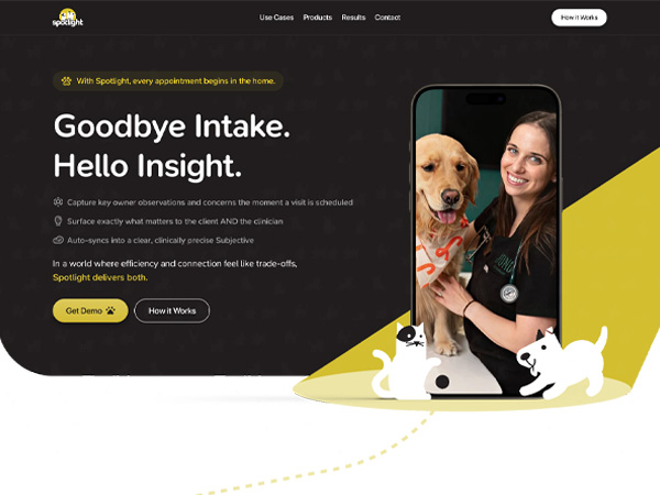customer-experience-s3_1_1 A website homepage shows a smiling woman with a golden retriever on a smartphone screen. Text reads "Goodbye Intake. Hello Insight." with details about scheduling and efficiency. Cartoon cats and dogs decorate the bottom.