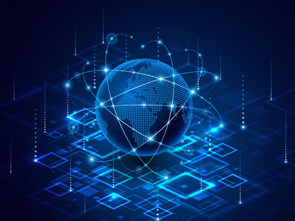customer-experience-s3_2 A glowing digital globe with dotted continents floats above a network of blue circuit-like lines and geometric shapes, symbolizing global technology and connectivity on a dark background.